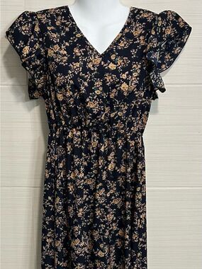 Navy Floral Dress Short Flutter Sleeves Mid Calf Maxi Lightweight, Small